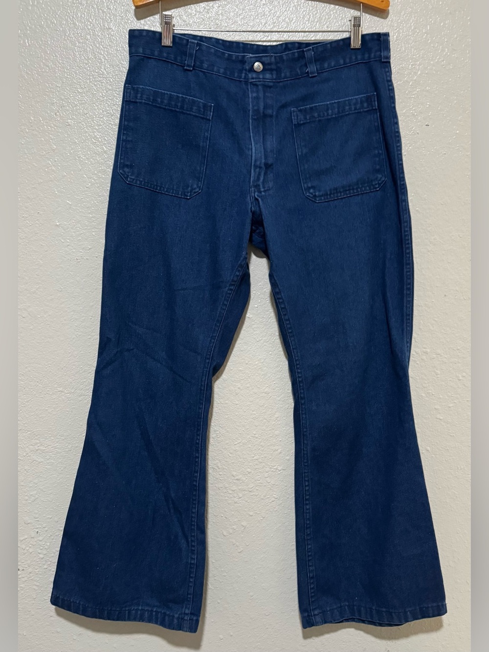 Mens/Unisex Vtg. Dark Wash Sailor Seafarer Wide Leg Bell Bottom Jean Dungarees
